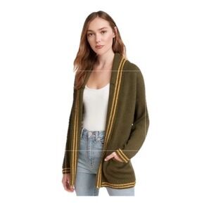 Ecote Hooded Cardigan Sweater Olive Green Yellow Stripe Boho Women’s M